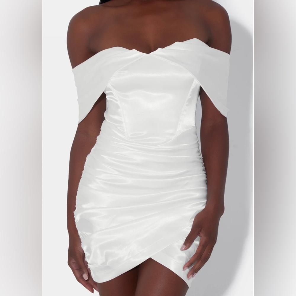 LEAU White Satin Ruched Corset Dress